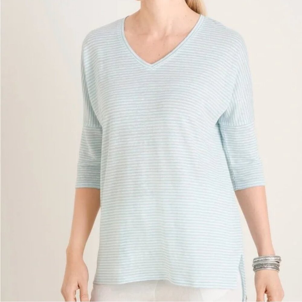 Chico’s 100% Linen Striped Drop Shoulder Tunic Blue/White